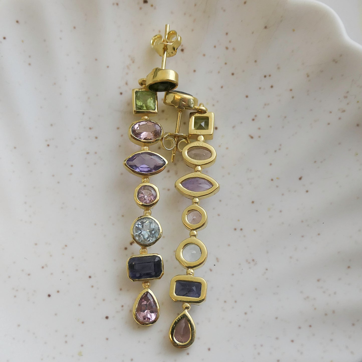 Tourmaline, Iolite, Peridot and Amethyst Long Drop Earrings