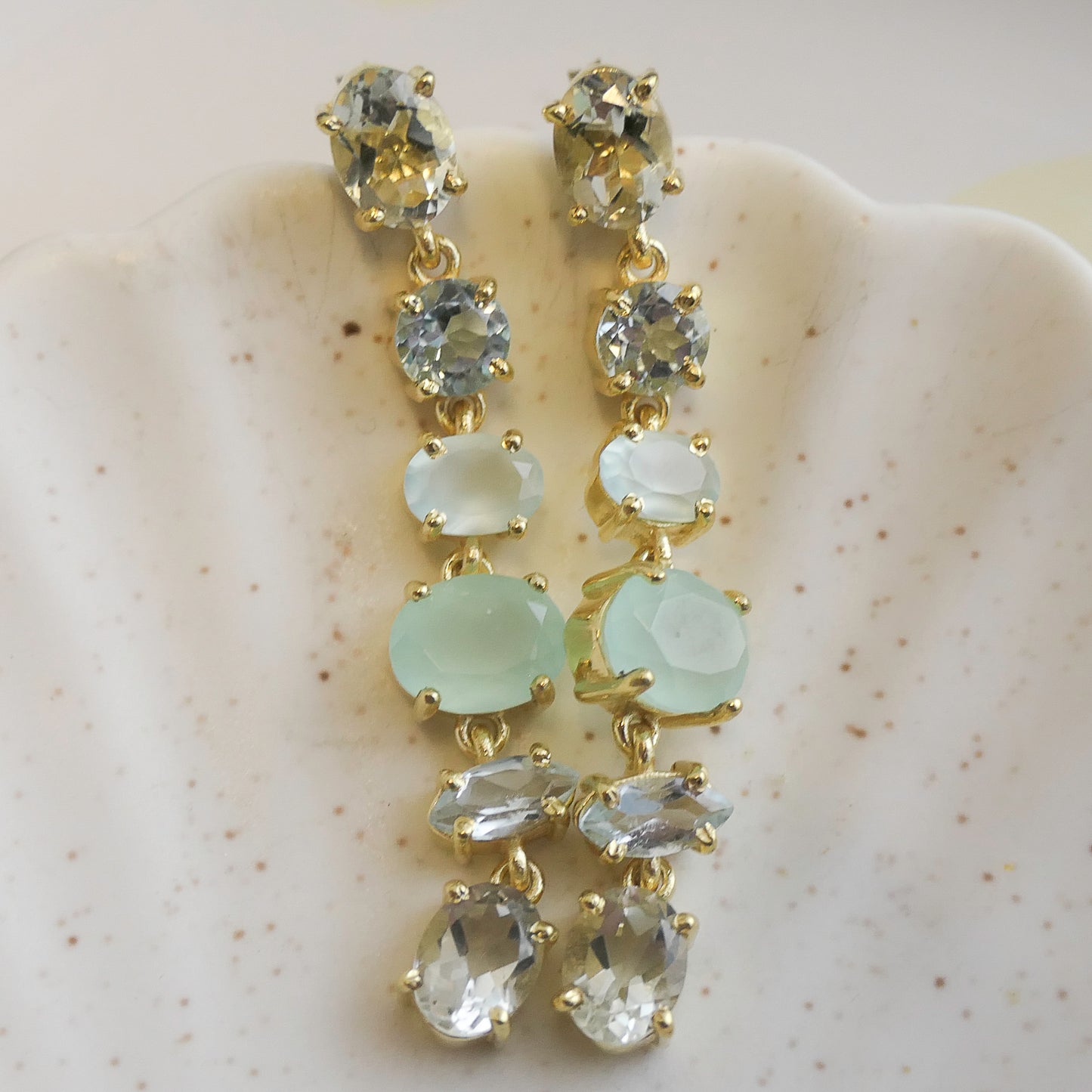 Blue Topaz, Green Amethyst and Aqua Chalcedony Long Drop Earrings