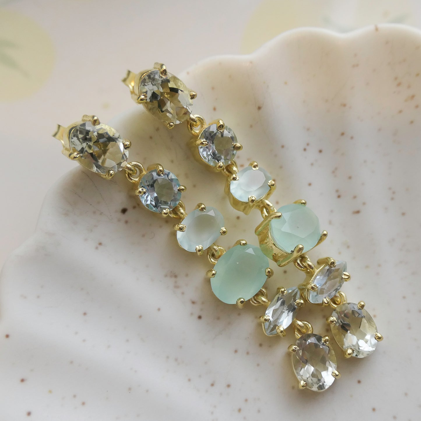 Blue Topaz, Green Amethyst and Aqua Chalcedony Long Drop Earrings