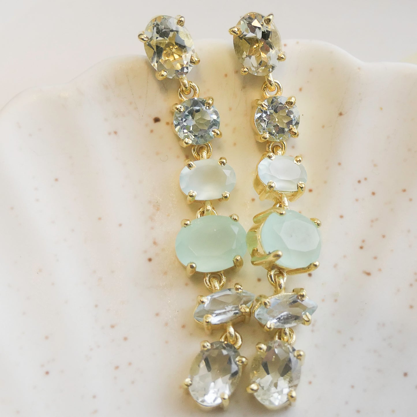 Blue Topaz, Green Amethyst and Aqua Chalcedony Long Drop Earrings