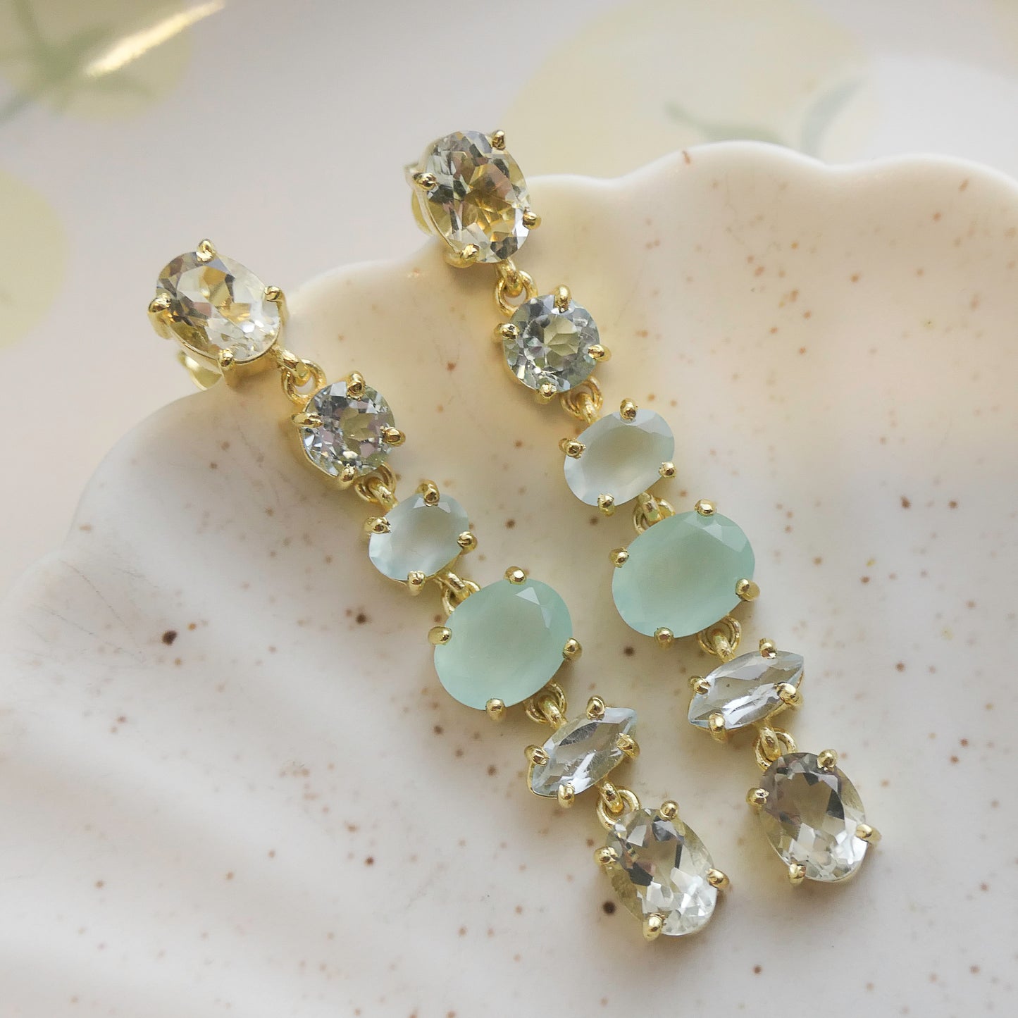 Blue Topaz, Green Amethyst and Aqua Chalcedony Long Drop Earrings