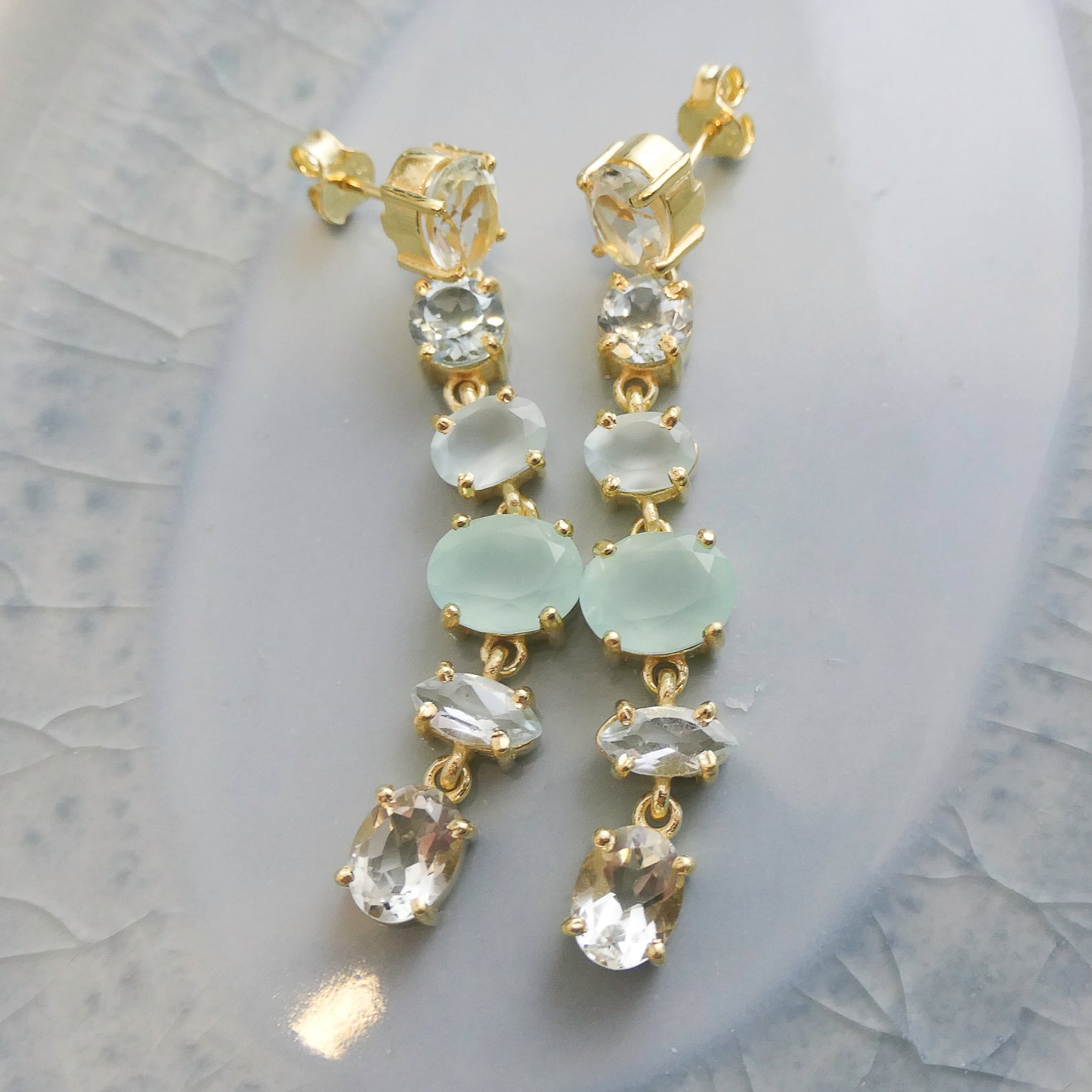 Blue Topaz, Green Amethyst and Aqua Chalcedony Long Drop Earrings