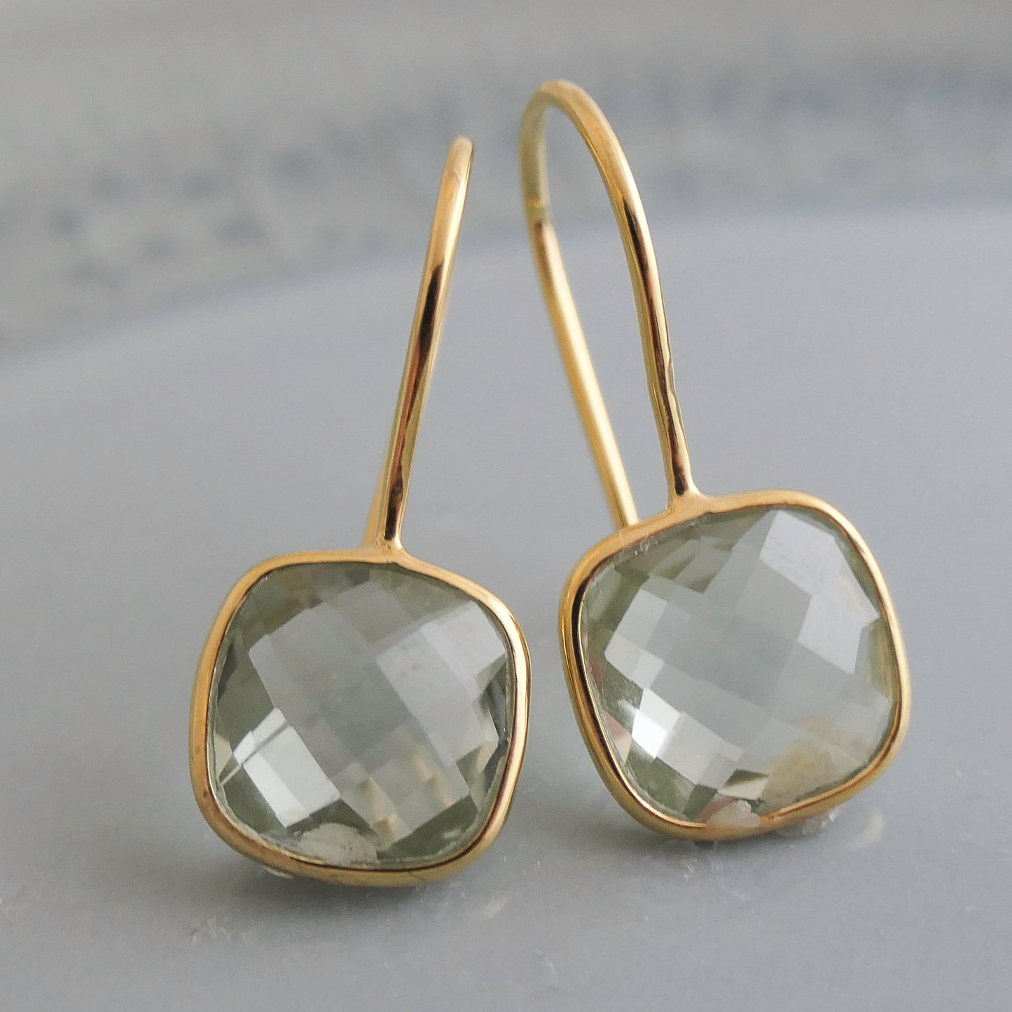 Green Amethyst 10mm Cushion Vermeil Drop Earrings