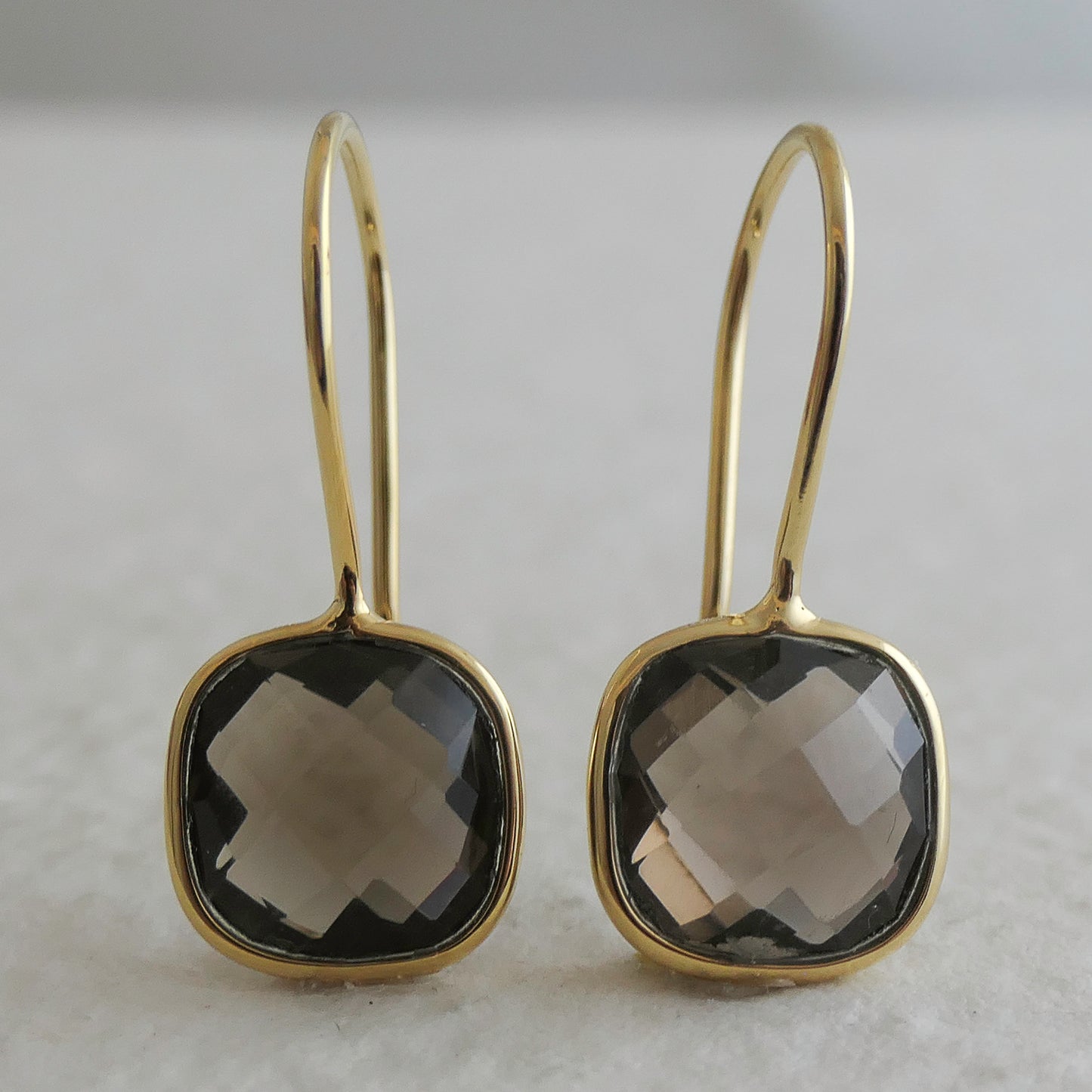 Smoky Quartz 10mm Cushion Vermeil Drop Earrings