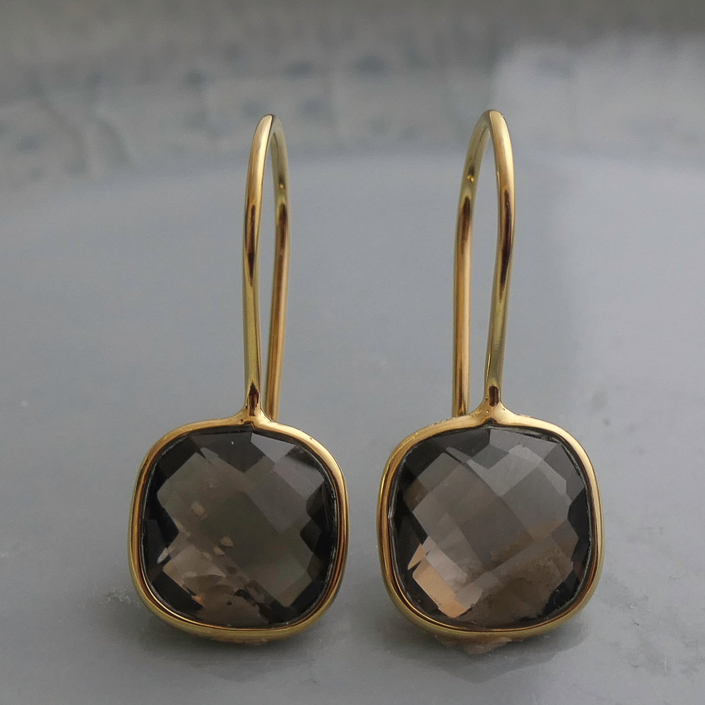 Smoky Quartz 10mm Cushion Vermeil Drop Earrings