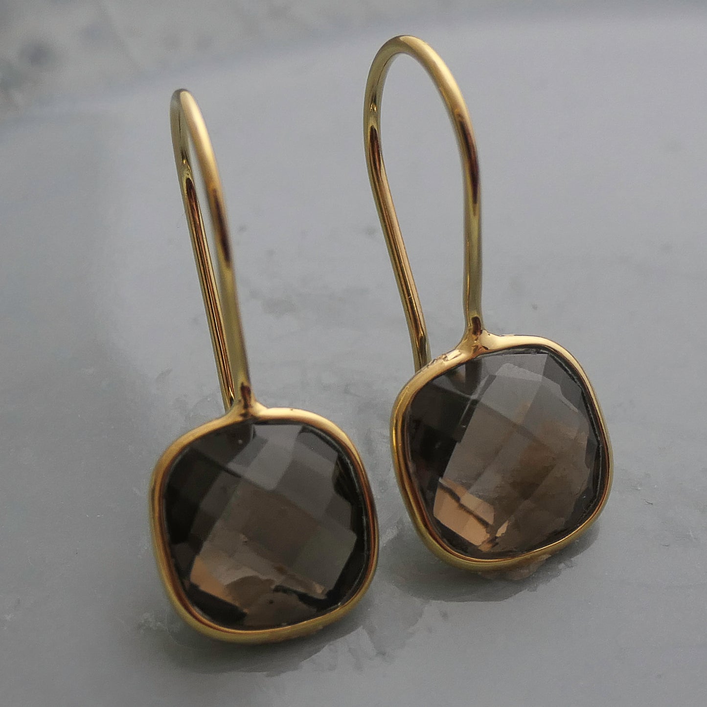 Smoky Quartz 10mm Cushion Vermeil Drop Earrings