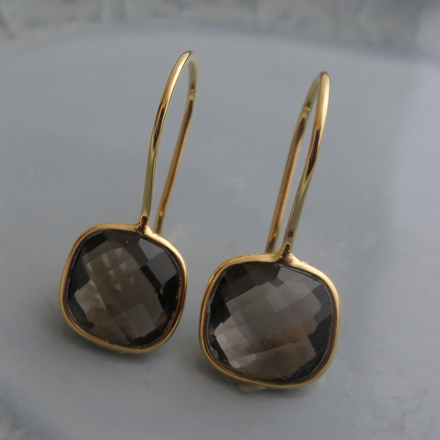 Smoky Quartz 10mm Cushion Vermeil Drop Earrings