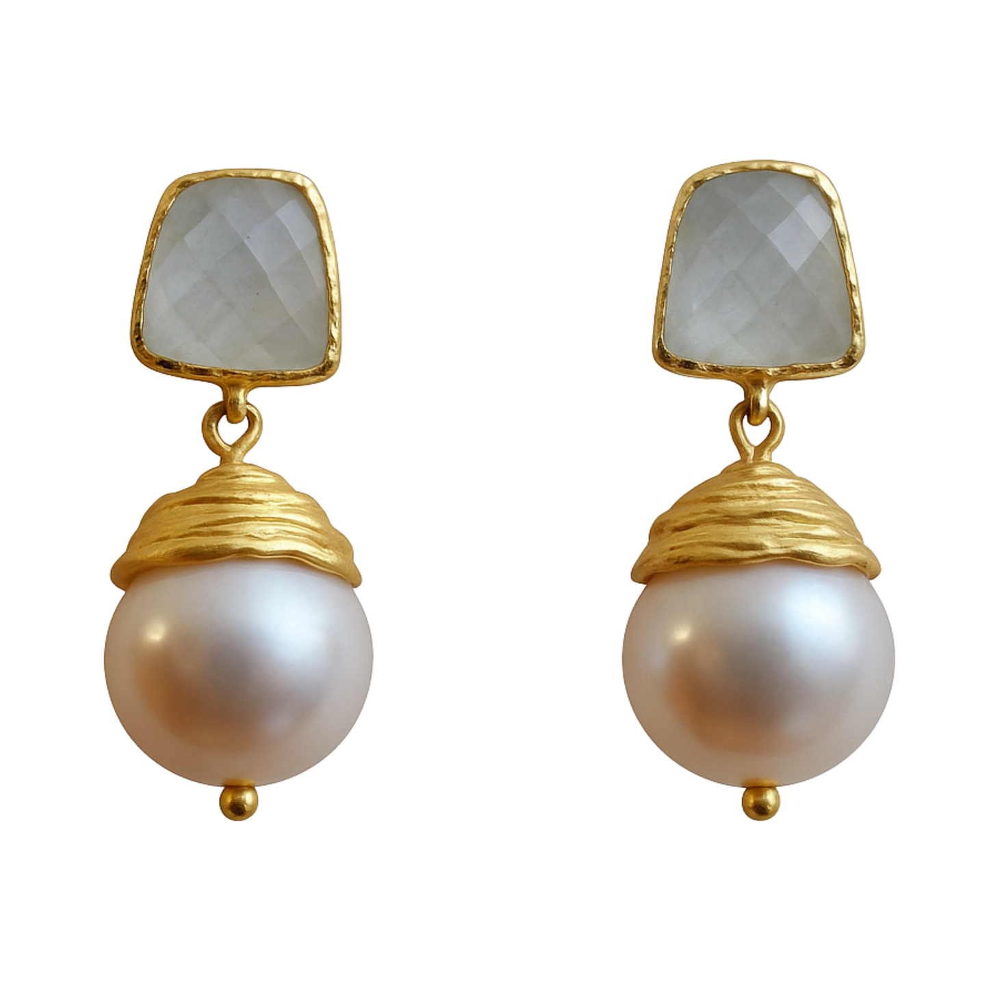 Aquamarine and Cultured Pearl Gold Plated Sterling Silver Post Drop Earrings