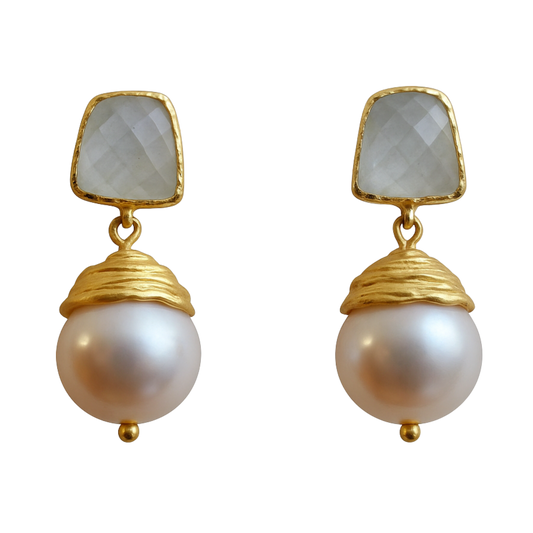 Aquamarine and Cultured Pearl Gold Plated Sterling Silver Post Drop Earrings