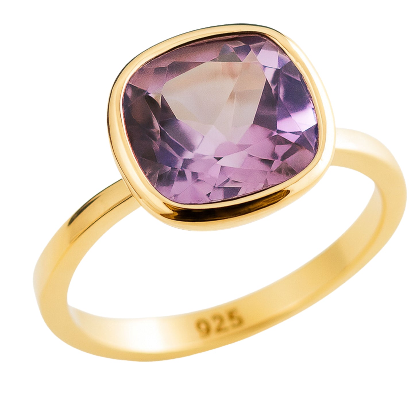 10mm Cushion Cut Amethyst Gold Plated Sterling Silver Ring