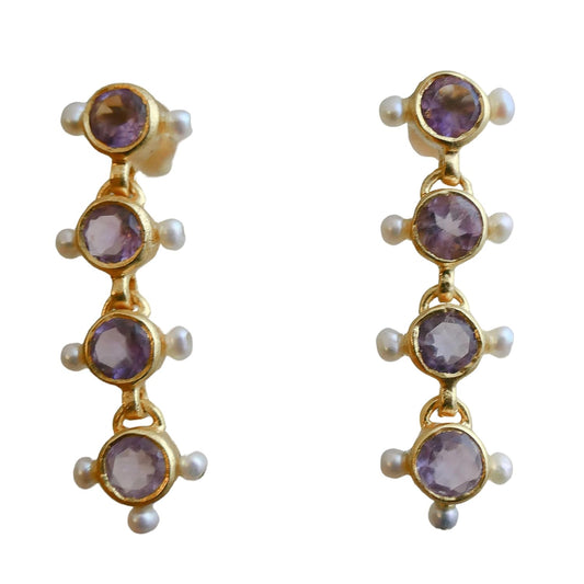 Amethyst and Cultured Pearl Gold Plated Sterling Silver Post Drop Earrings