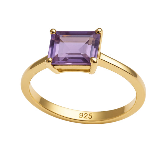 Amethyst  Baguette Gold Plated Sterling Silver Ring