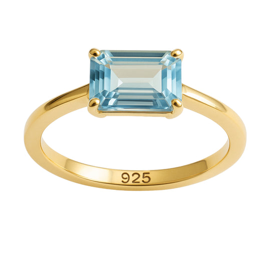 Blue Topaz Baguette Gold Plated Sterling Silver Ring