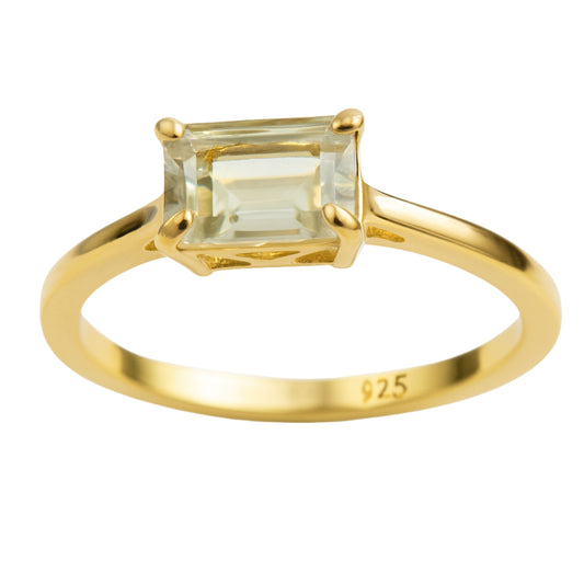 Green Amethyst  Baguette Gold Plated Sterling Silver Ring