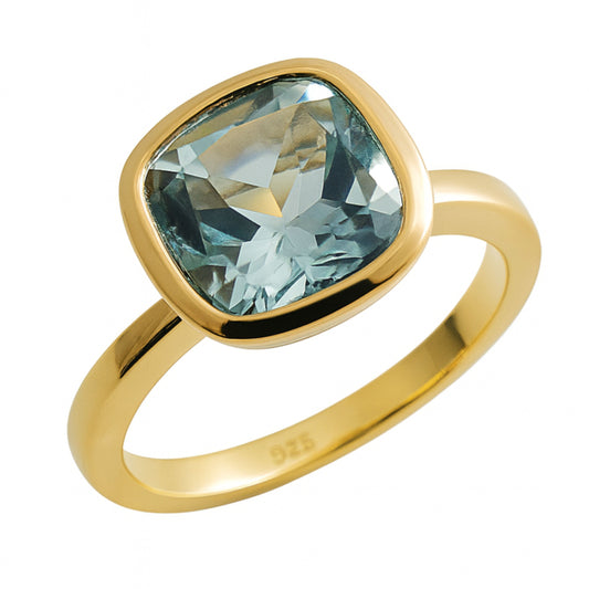 10mm Cushion Cut Blue Topaz Gold Plated Sterling Silver Ring