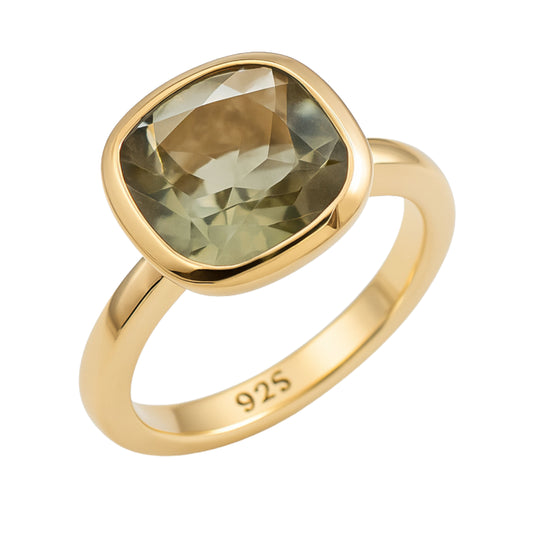 10mm Cushion Cut Green Amethyst Gold Plated Sterling Silver Ring