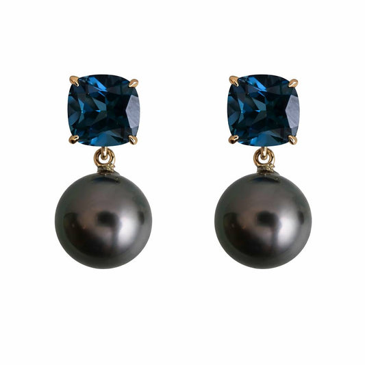 London Blue Topaz and Tahitian Pearl 14kt Yellow Gold Drop Earrings