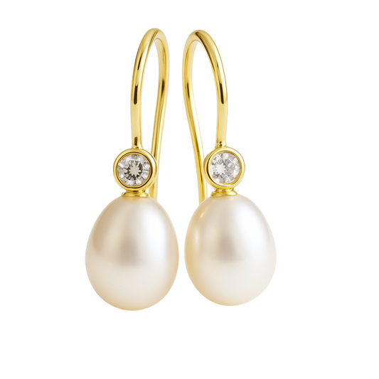 8-9mm Cultured Freshwater Pearl and Cubic Zirconia Gold Plated Sterling Silver Drop Dangle Earrings