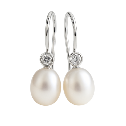 8-9mm Cultured Freshwater Pearl and Cubic Zirconia Sterling Silver Drop Dangle Earrings