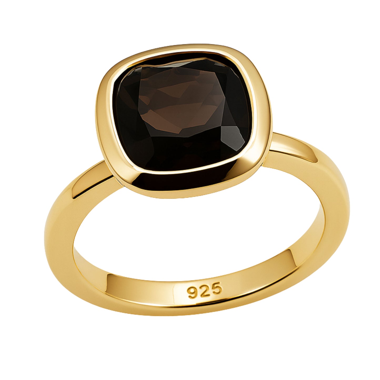 10mm Cushion Cut Smoky Quartz Gold Plated Sterling Silver Ring