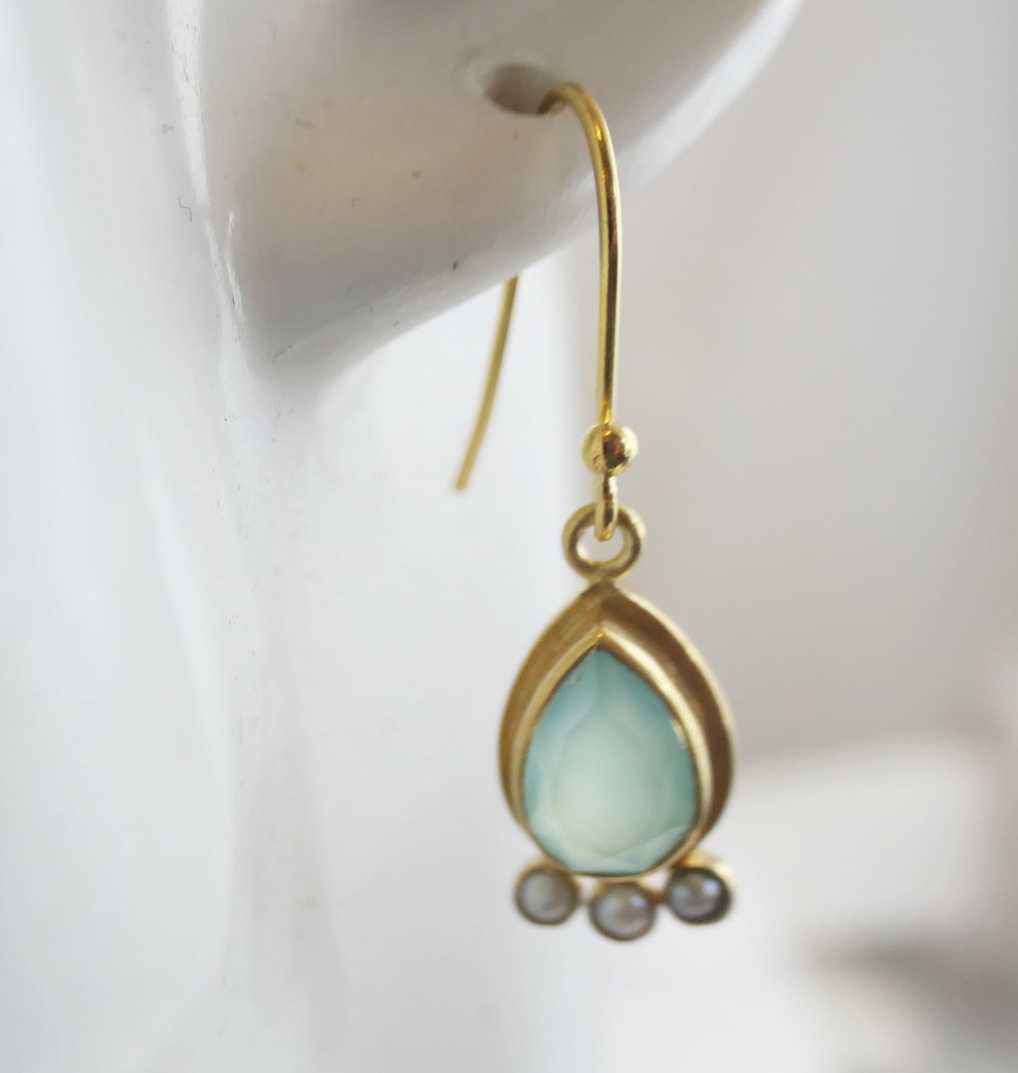 Aqua Chalcedony and Cultured Pearl Vermeil Drop Earrings
