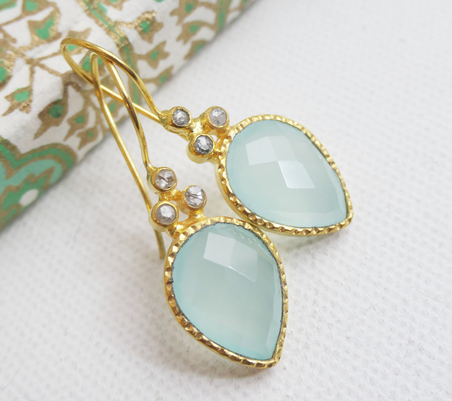 Pear Shape Aqua Chalcedony and Diamond Vermeil Earrings