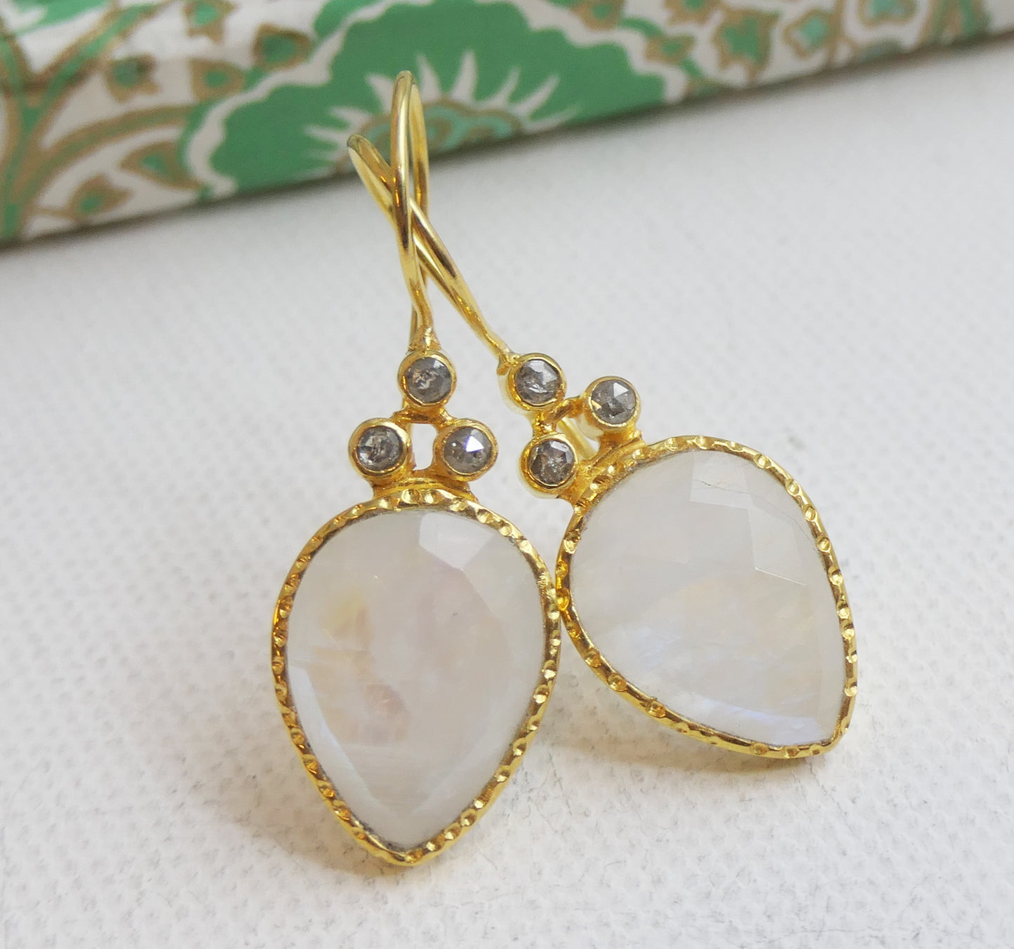 Pear Shape Moonstone and Diamond Vermeil Earrings