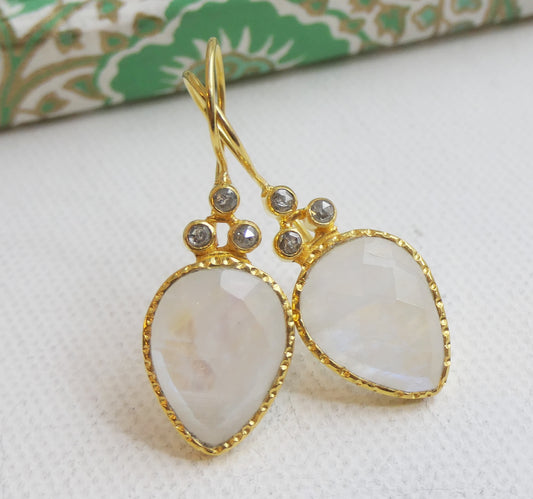 Pear Shape Moonstone and Diamond Vermeil Earrings